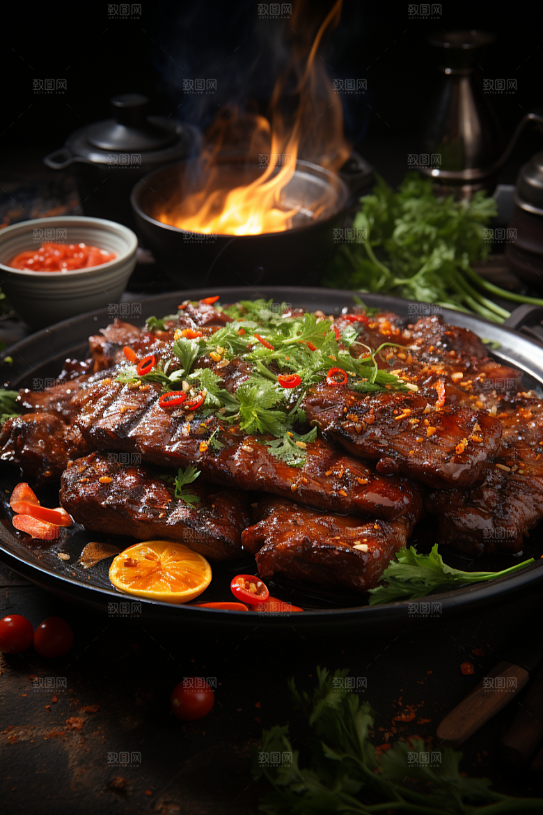 BBQ烧烤肉食火辣摄影图