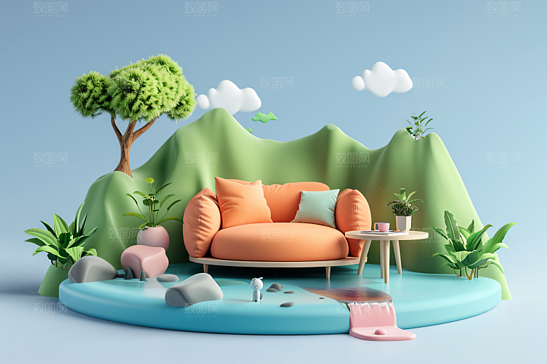 电商家居奶油色3D背景图