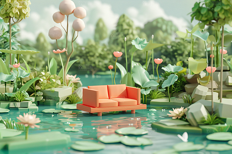 电商家居3D奶油色背景图
