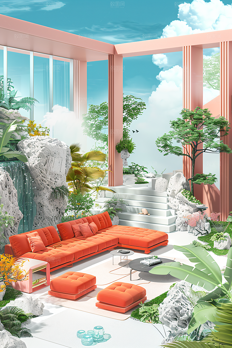 电商家居奶油色3D背景图