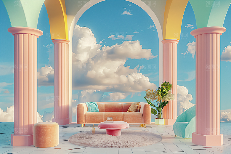 电商家居3D奶油色背景图
