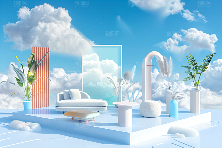 电商家居立体奶油色背景图