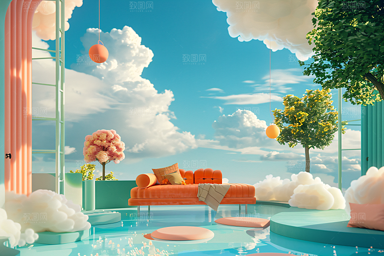 电商家居奶油色3D背景图