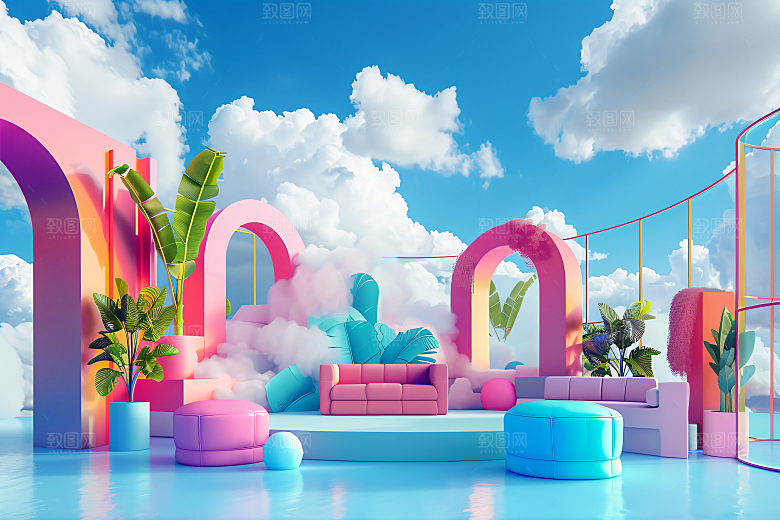 电商家居3D奶油色背景图