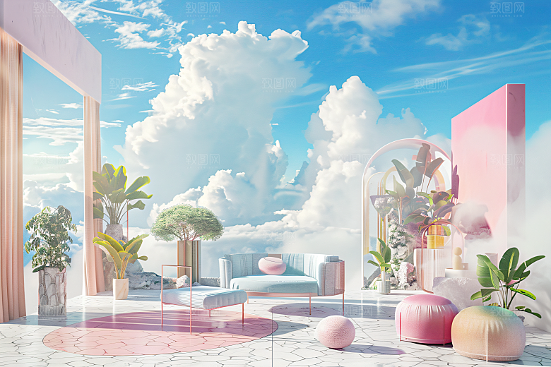 电商家居C4D奶油色背景图