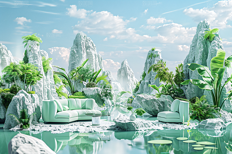 电商家居3D奶油色背景图