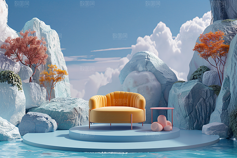 电商家居3D奶油色背景图