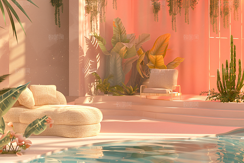 电商家居3D奶油色背景图