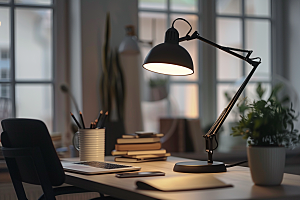 LED台灯温馨书桌摄影图