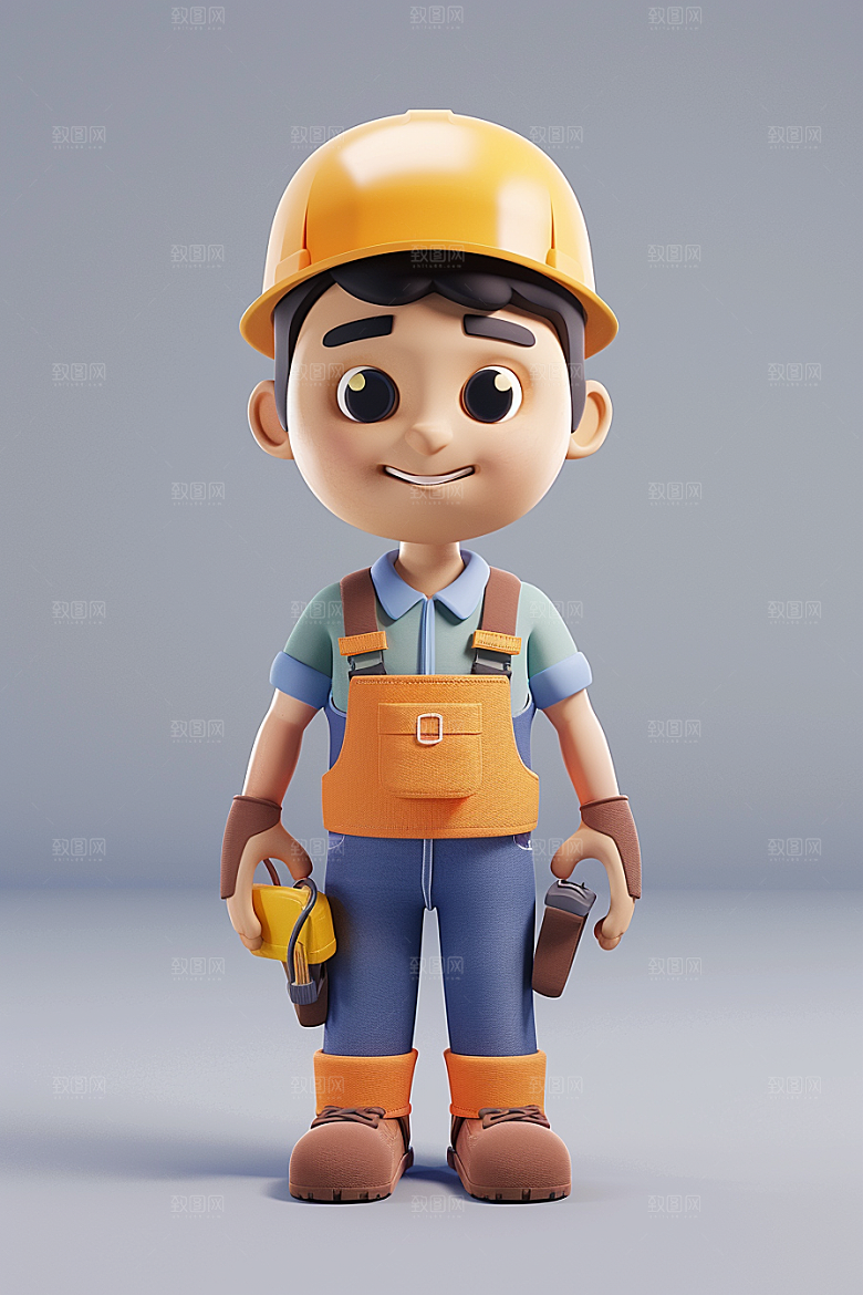Q版工人人物施工模型