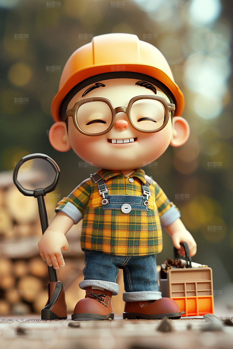 Q版工人卡通3D模型