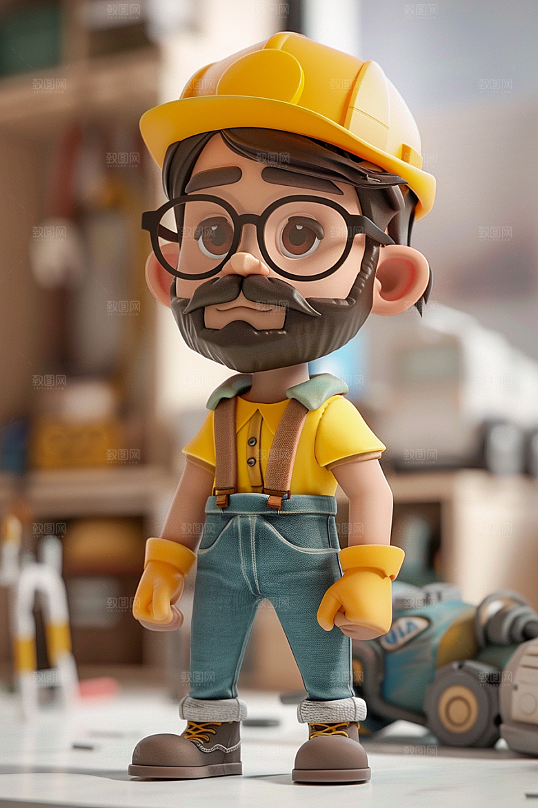 Q版工人3D人物模型