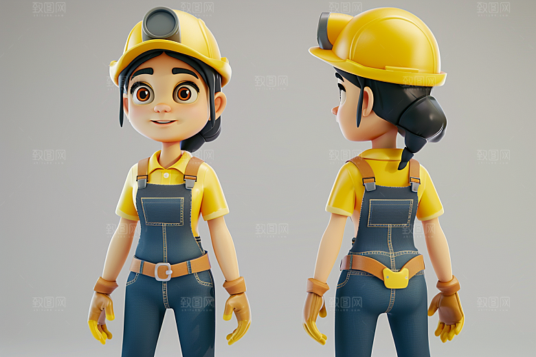 Q版工人立体C4D模型