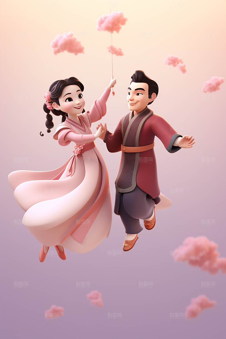 Q版牛郎织女情人节神话人物模型