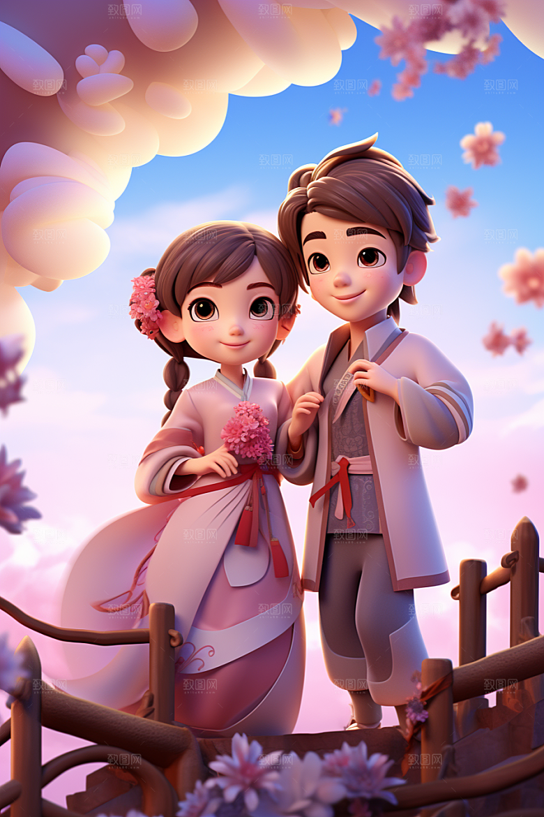 Q版牛郎织女3D神话人物模型