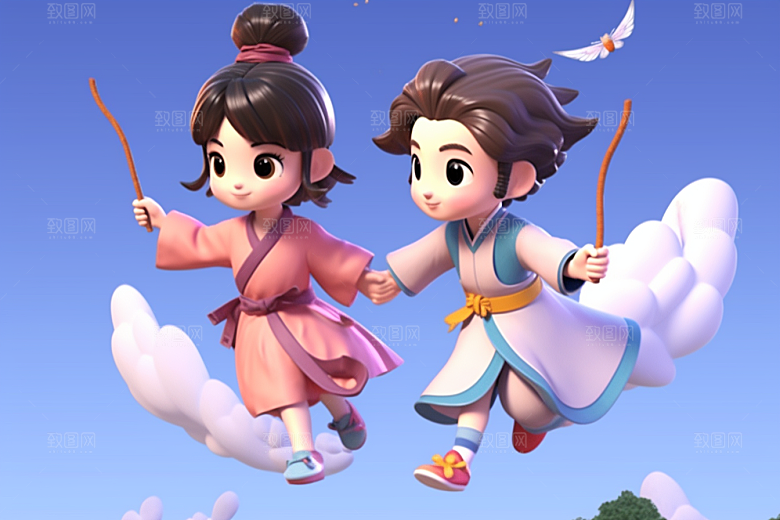 Q版牛郎织女3D情人节模型