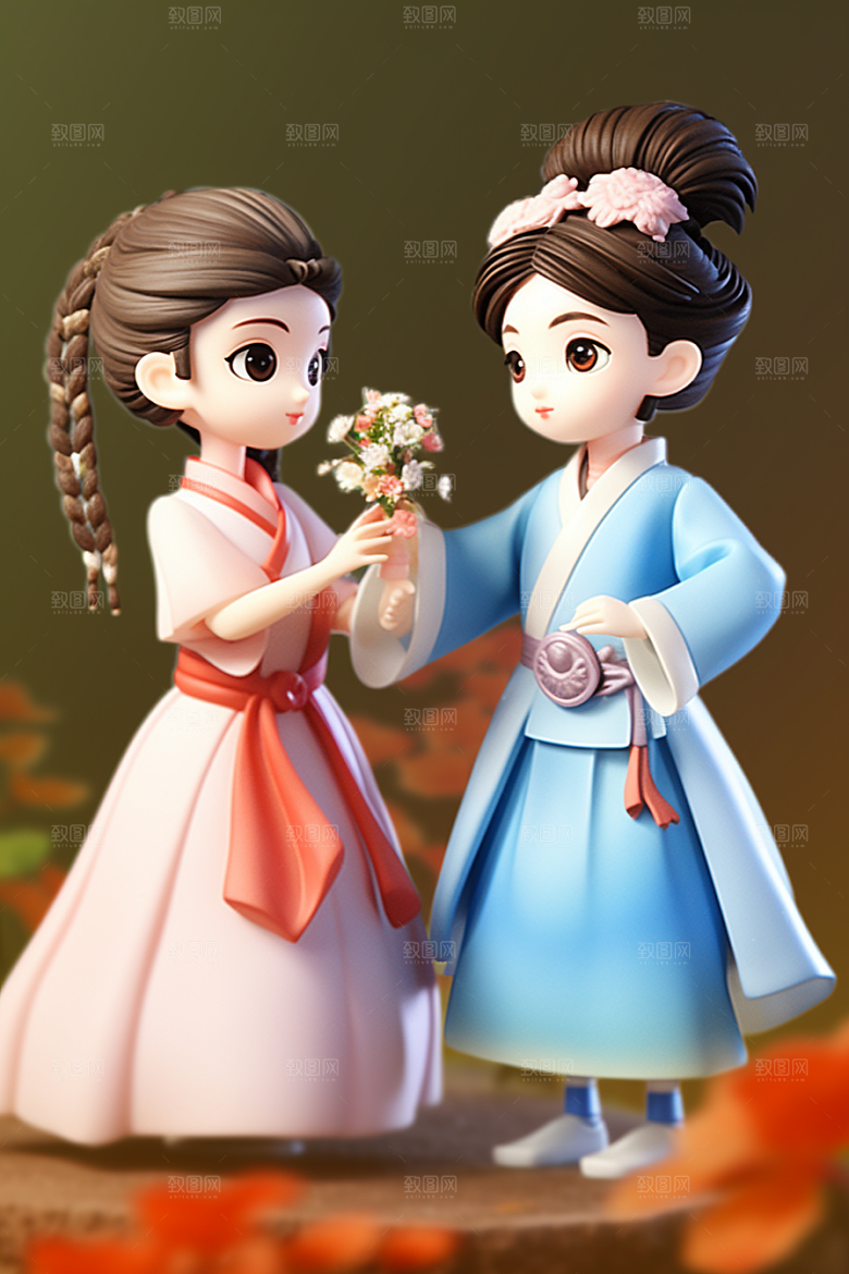 Q版牛郎织女神话人物情人节模型
