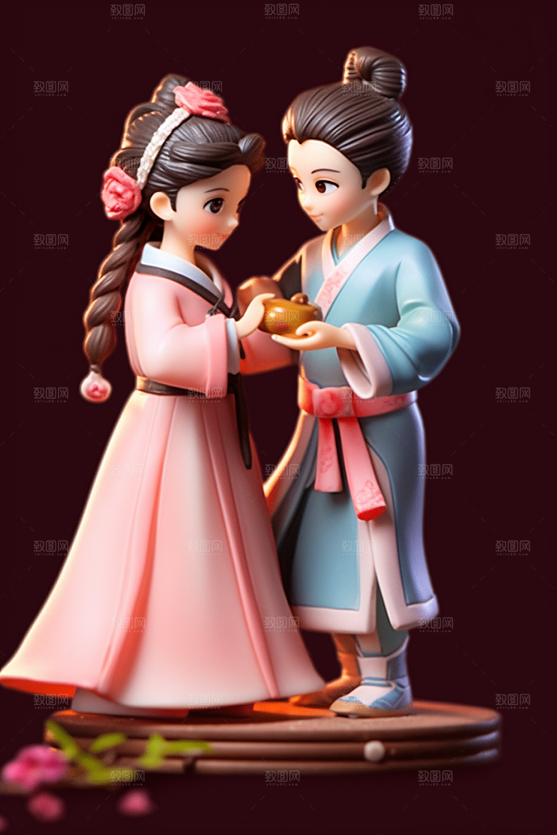 Q版牛郎织女3D七夕模型