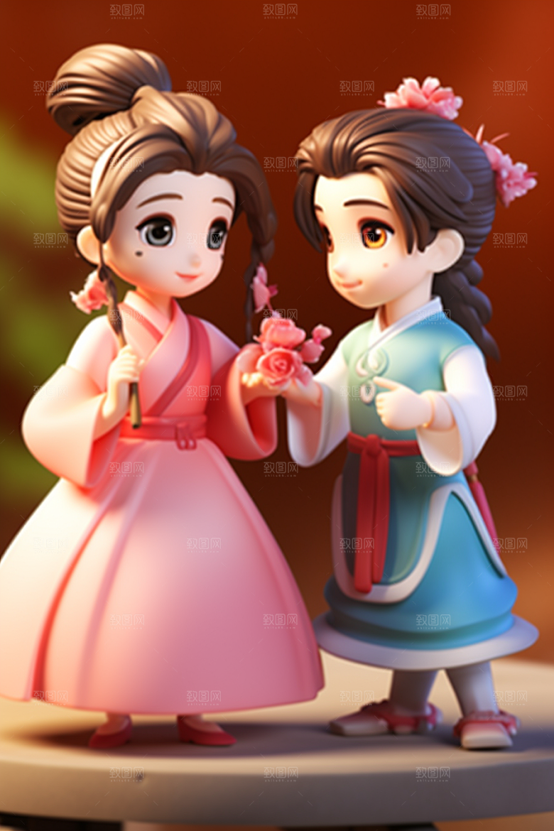 Q版牛郎织女3D七夕模型