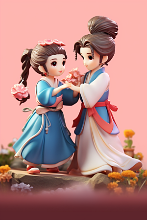 Q版牛郎织女传统文化爱情故事模型