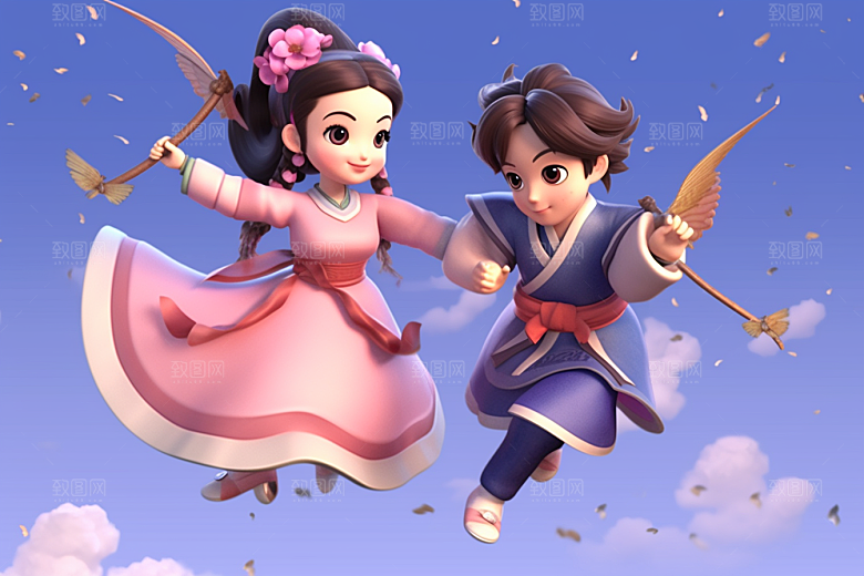 Q版牛郎织女3D立体模型