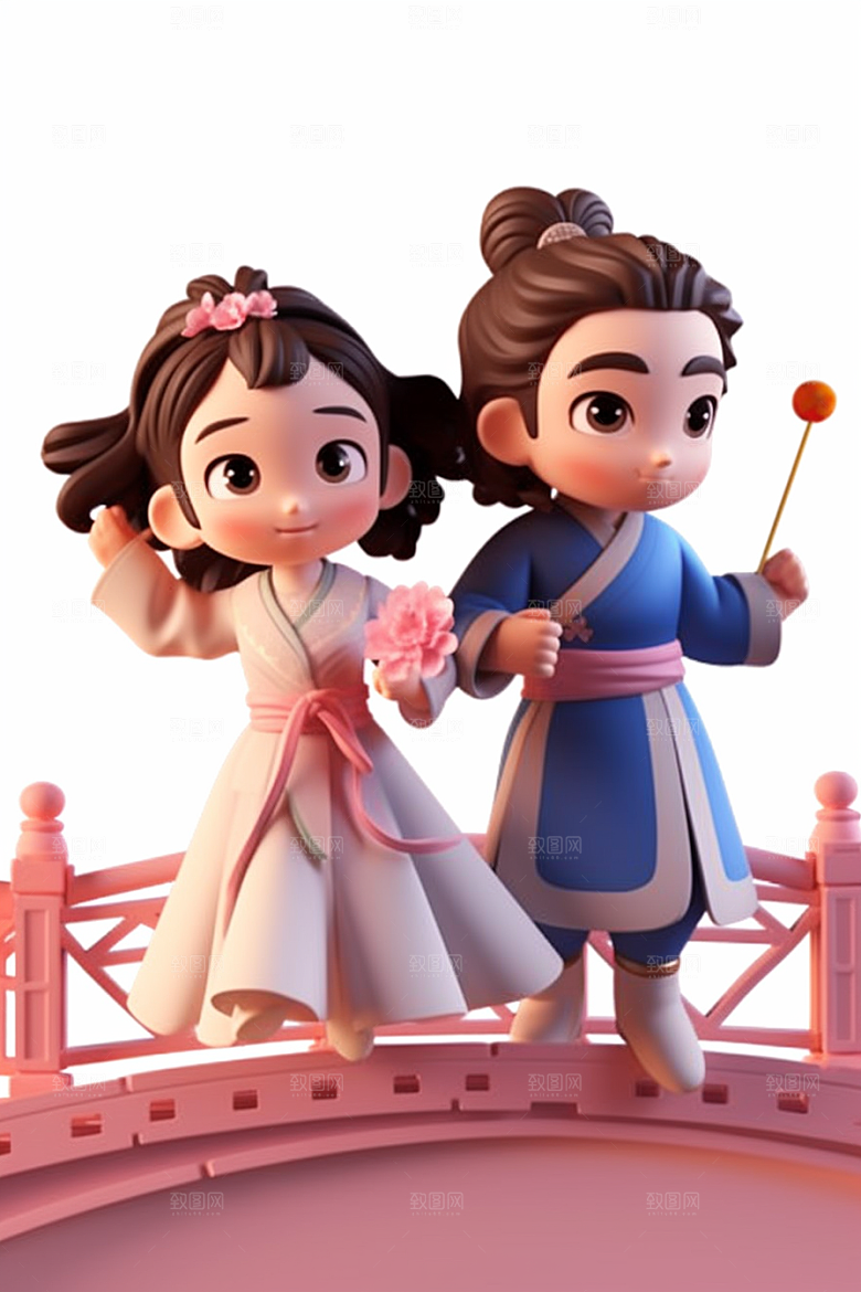 Q版牛郎织女神话人物情人节模型
