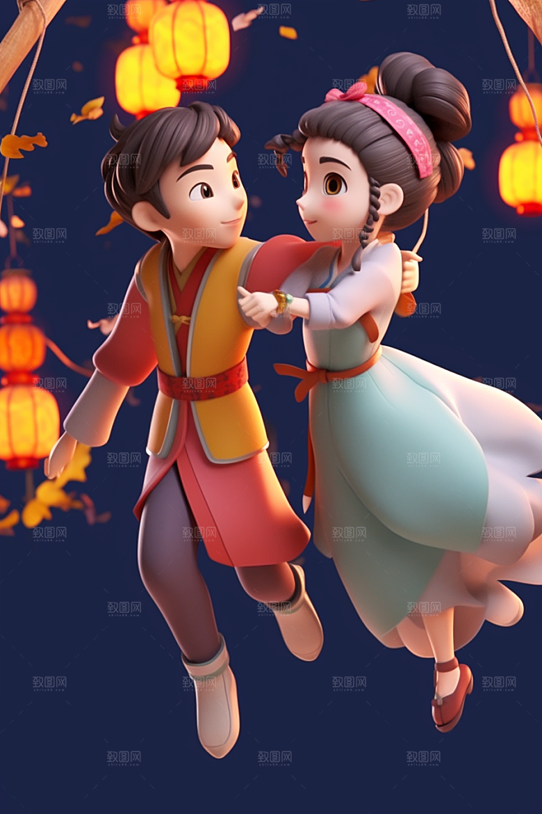 Q版牛郎织女神话人物情人节模型