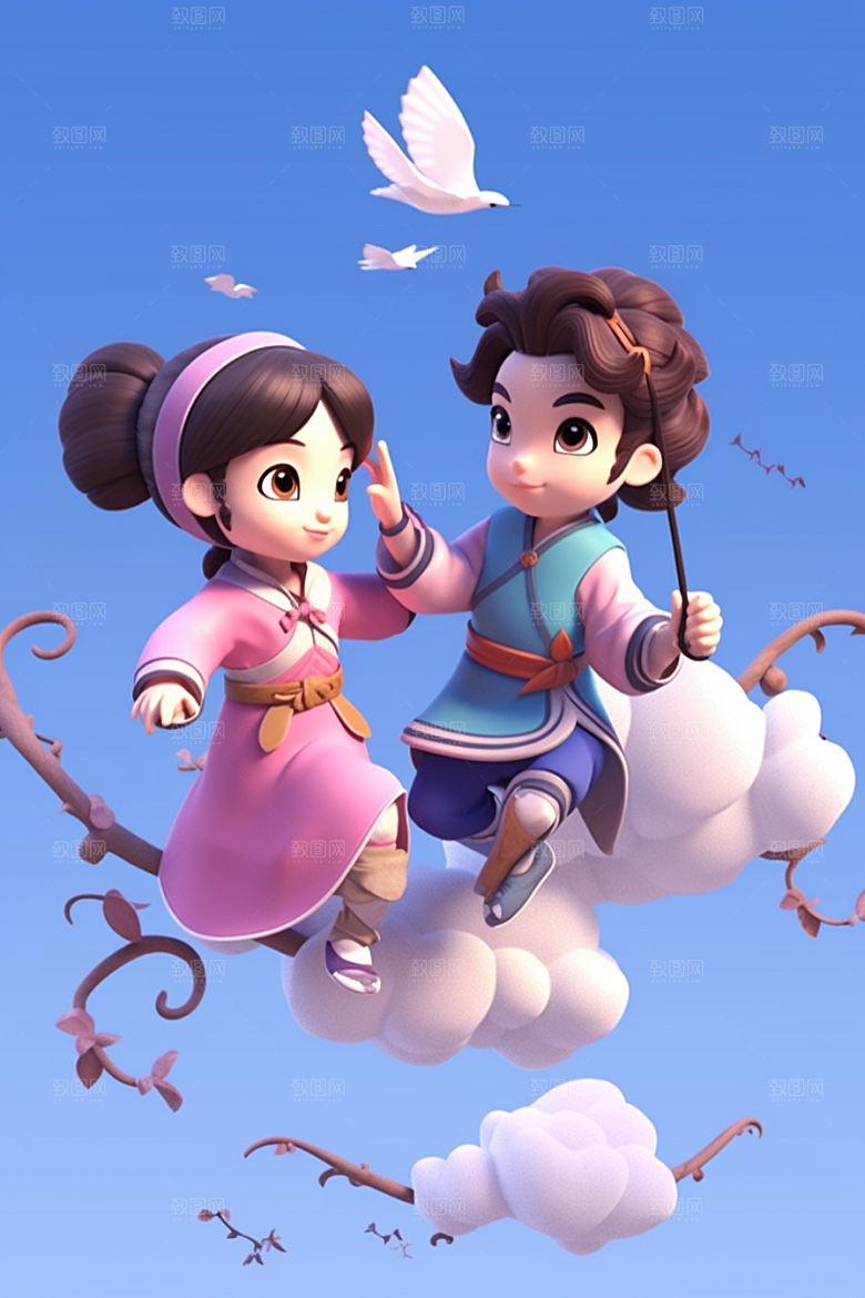 Q版牛郎织女立体传统文化模型