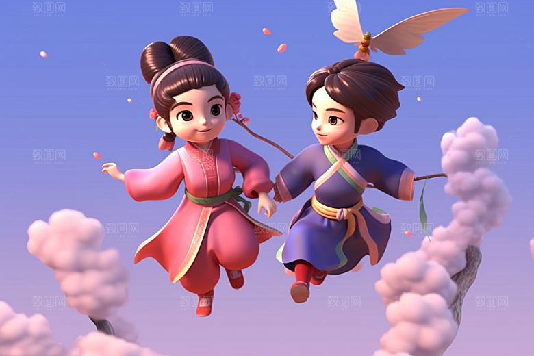 Q版牛郎织女七夕中国风模型