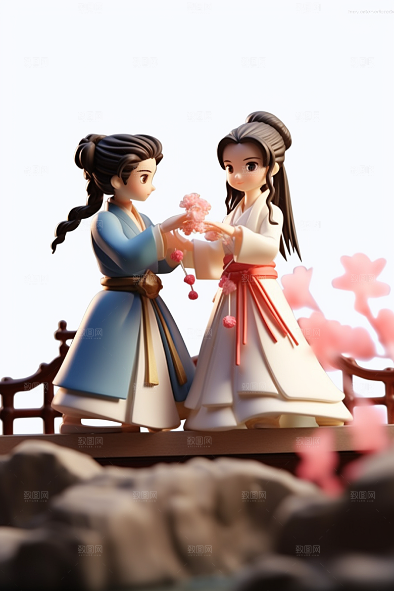 Q版牛郎织女中国风传统文化模型