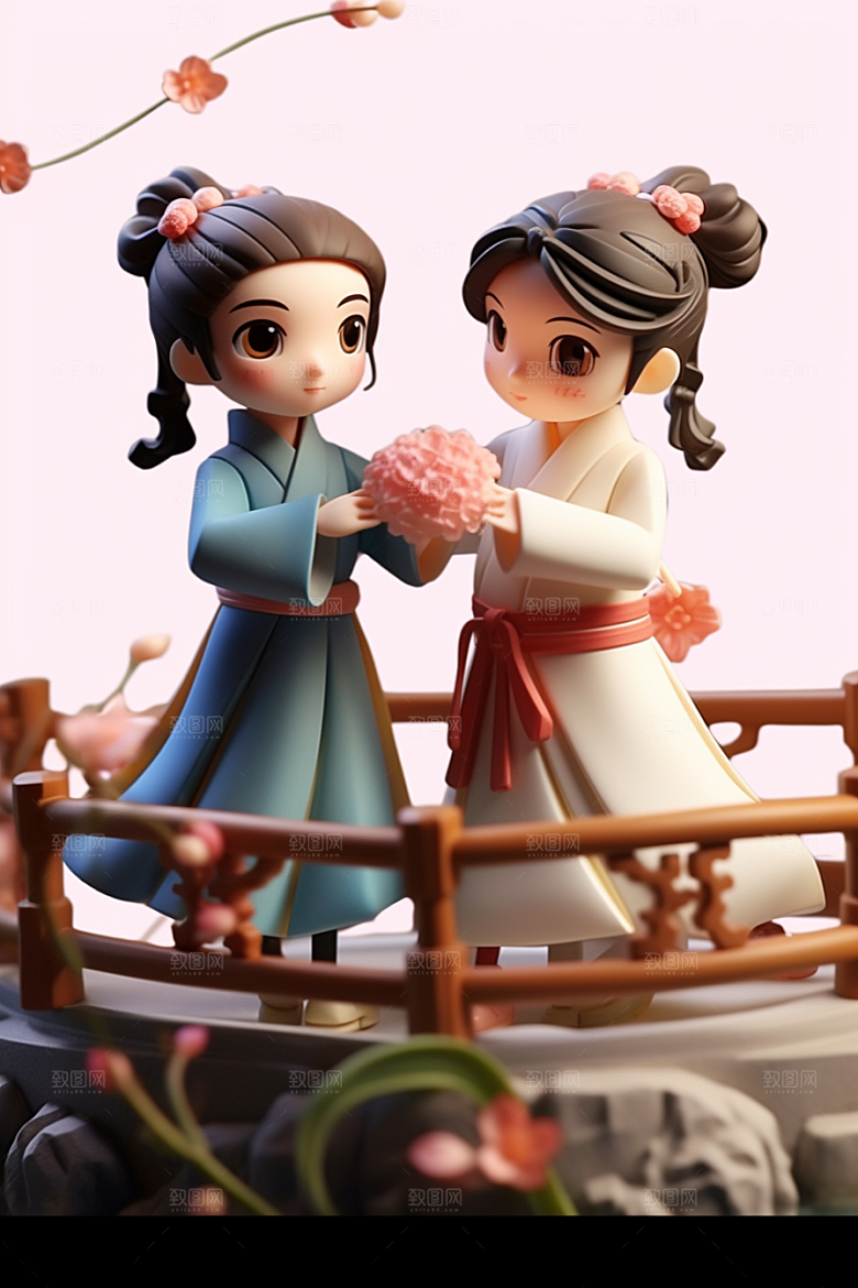 Q版牛郎织女情人节中国风模型