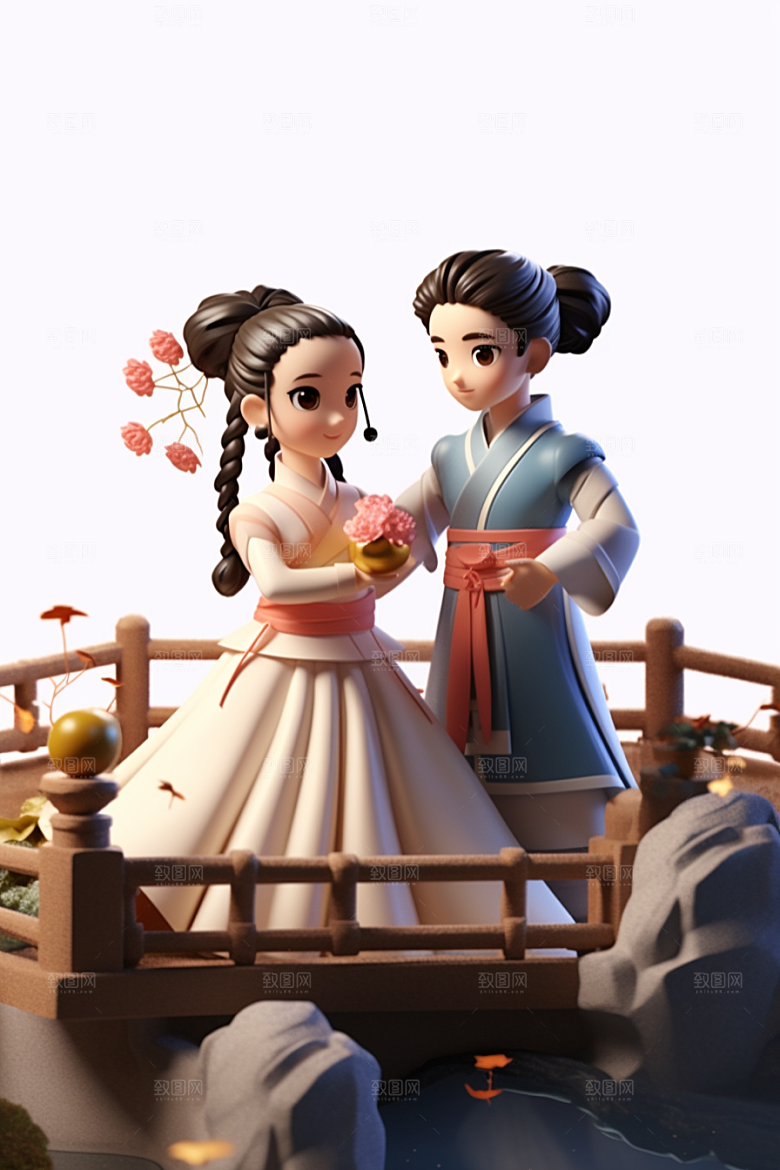 Q版牛郎织女爱情故事情人节模型
