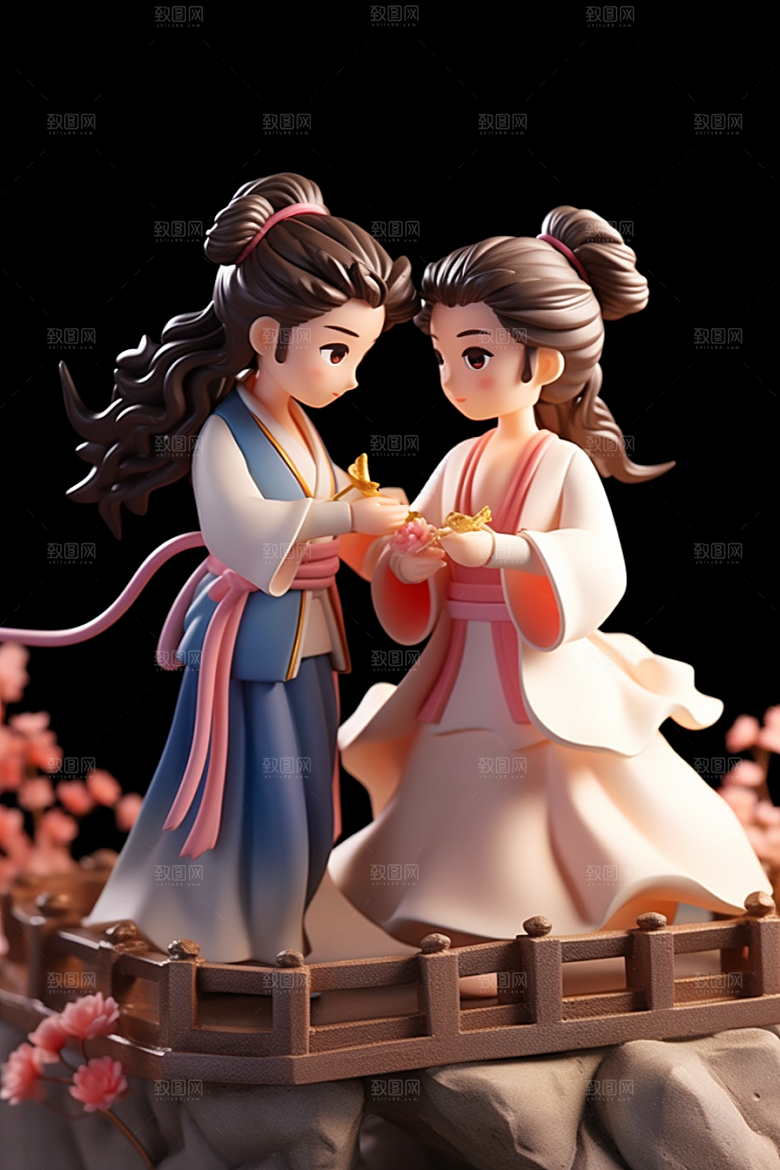 Q版牛郎织女情人节中国风模型