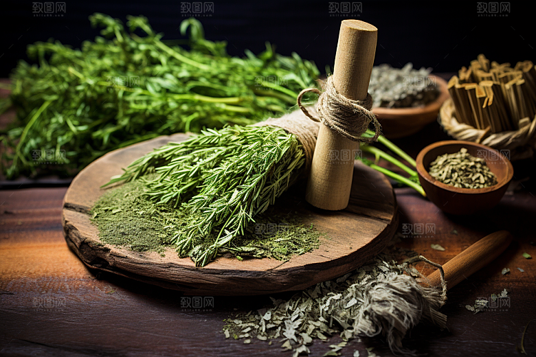 艾草蒿草中式糕点摄影图