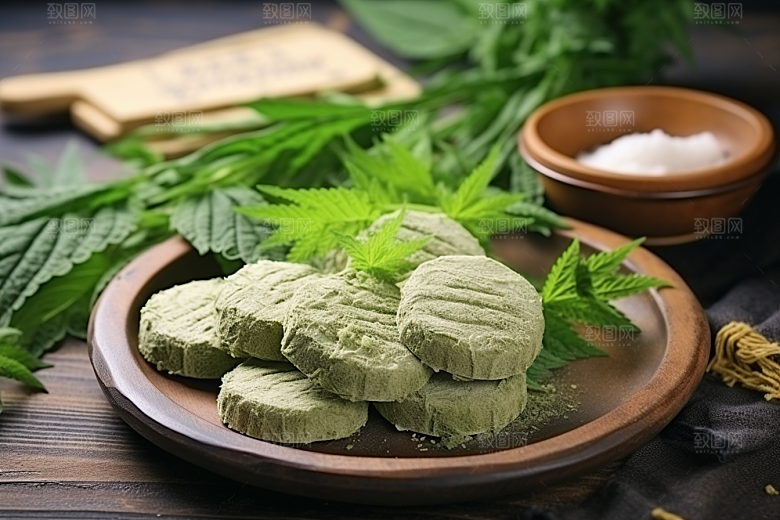 艾草中式糕点糯米团摄影图