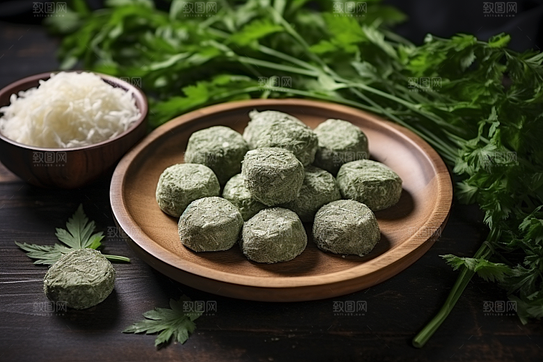 艾草蒿草中式糕点摄影图