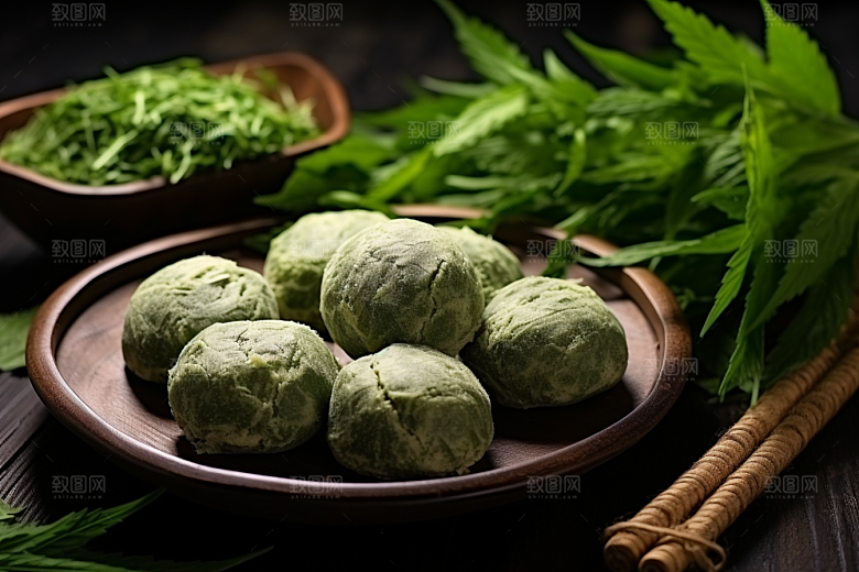 艾草中式糕点蒿草摄影图