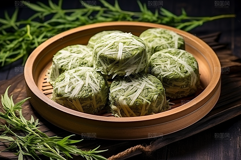 艾草糯米团艾叶摄影图