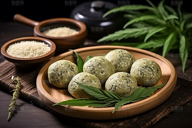 艾草清明糯米团摄影图