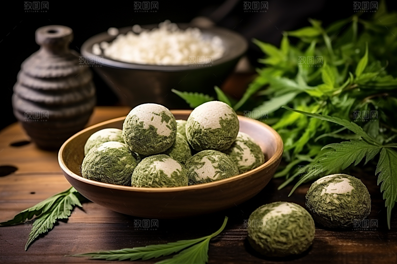 艾草糯叽叽青团摄影图
