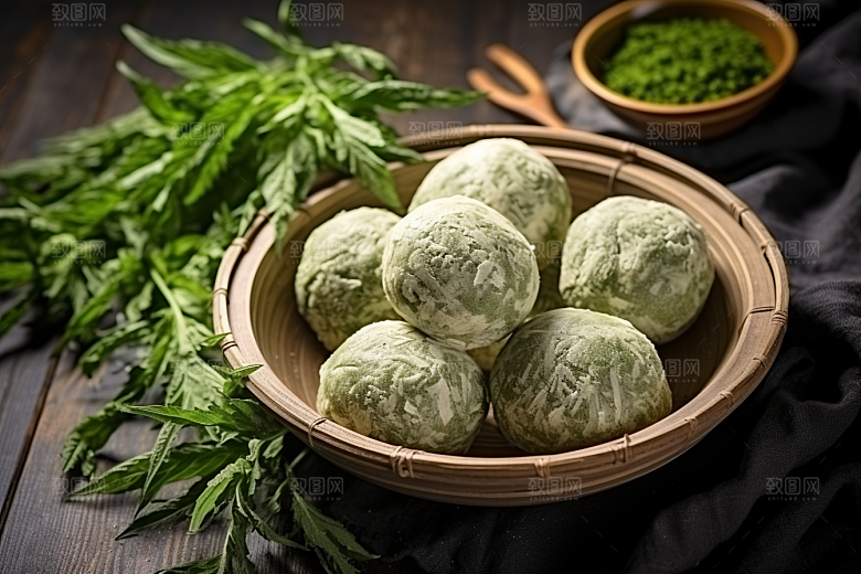艾草糯米团中式糕点摄影图