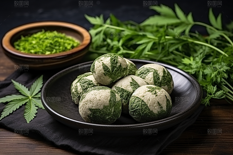艾草艾叶青团摄影图