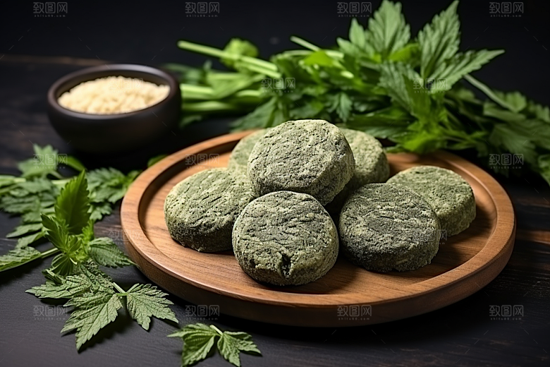 艾草蒿草中式糕点摄影图