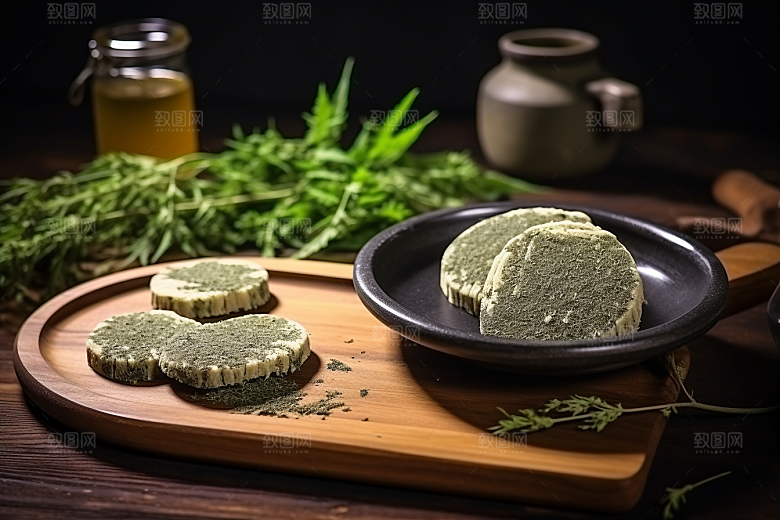 艾草蒿草中式糕点摄影图
