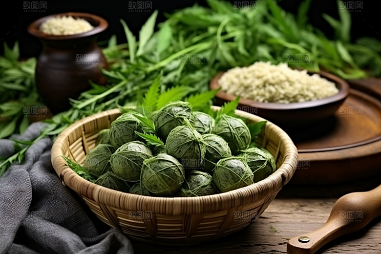 艾草蒿草中式糕点摄影图