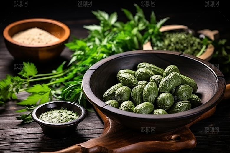 艾草中式糕点艾叶摄影图