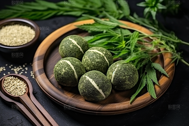 艾草糯米团艾叶摄影图