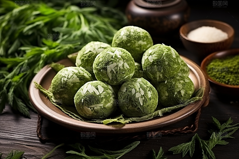 艾草青团传统美食端午节摄影图