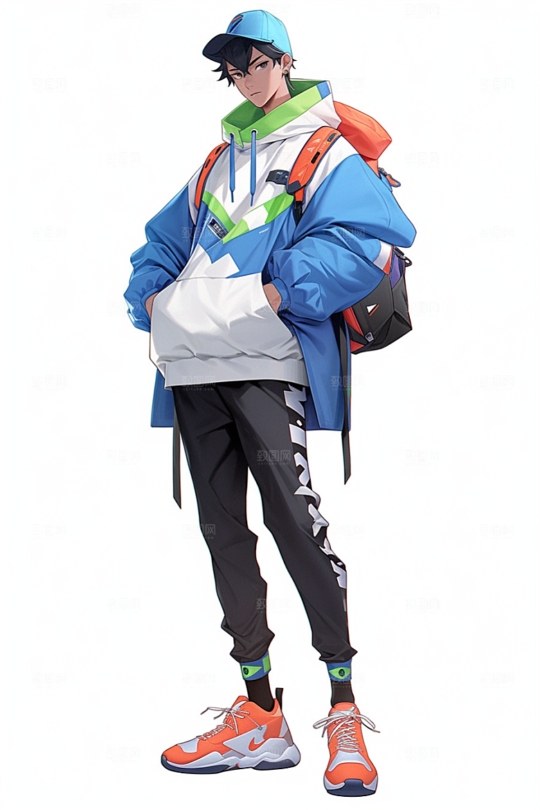 抱球帽人物手绘元气插画