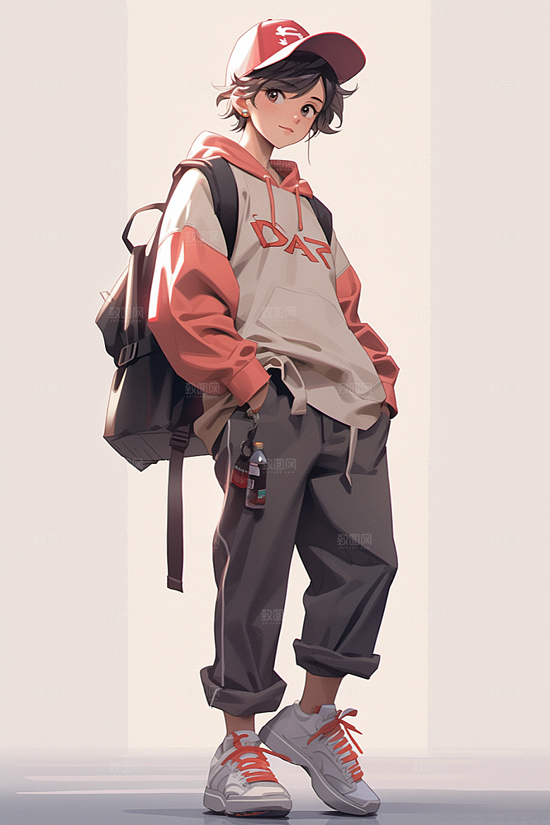 抱球帽人物元气少年感插画